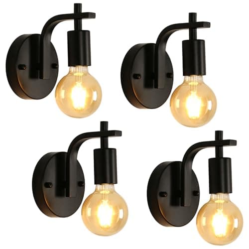 Image of Pheashine 4 Pack Industrial Wall Lights Vintage E27 Metal Wall Sconces Lights Indoor Black Wall Lamps for Bedroom Living Room Kitchen Hallway,Restaurant, Bar (Not Included Bulb)