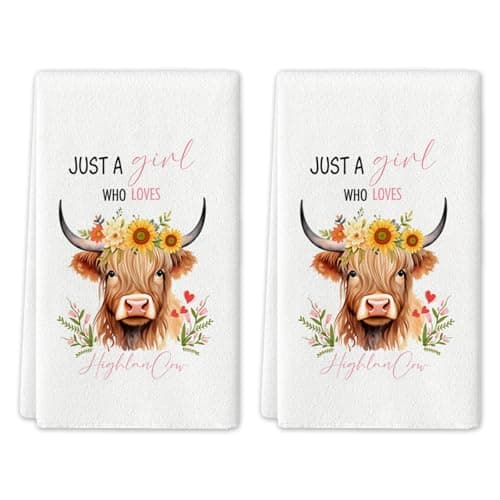 Image of Nodrex 2 PCS Highland Cow Tea Towels, Cute Kitchen Tea Towels, Super Soft Microfibre Dish Towels, Highly Absorbent Quick-Dry Hand Towels for Kitchen, Bathroom, Camping, Gift for Cow Lovers Girls