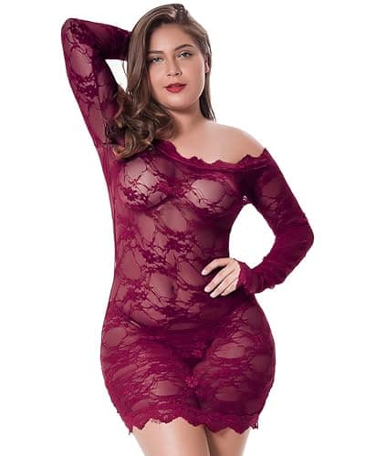 Image of LINGERLOVE Womens Plus Size Sexy Long Sleeve Lace Babydoll Lingerie Off Shoulder See Through Chemise Bodysuit Wine Red