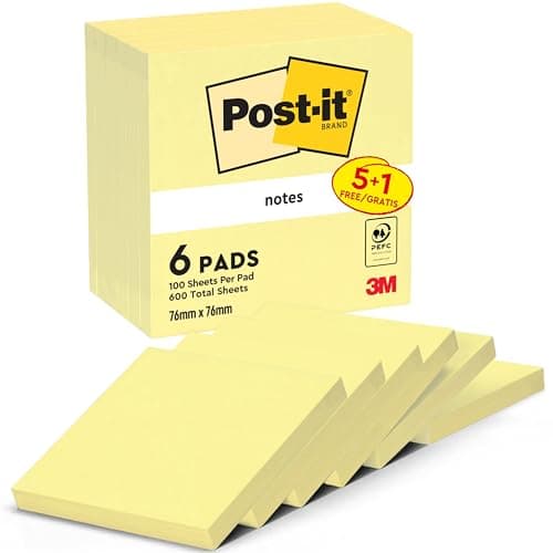 Image of Post-it Notes Canary Yellow,Value Pack, Pack of 5 + 1 Free Pads, 100 Sheets per Pad, 76 mm x 76 mm, Yellow Color - Self-stick Notes For Note Taking, To Do Lists & Reminders
