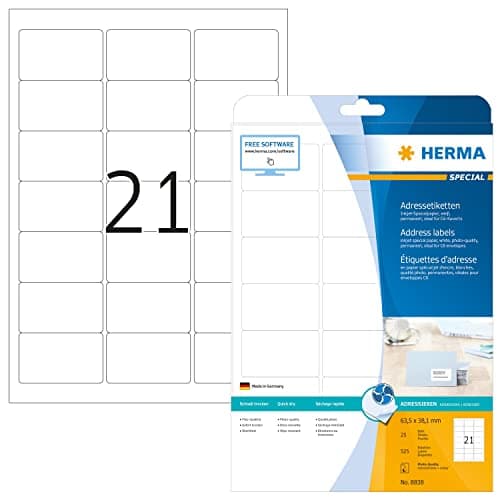 Image of HERMA Self Adhesive Inkjet Address Labels, 21 Labels per A4 Sheet, 25 Sheets, 63.5 x 38.1 mm, 525 Labels, Blank Mailing Labels Stickers, Sticky Labels for Inkjet Printer, White