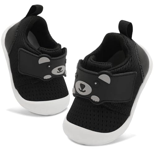Image of JOINFREE Baby Walking Wide Shoes Infant Boys Girls Breathable Barefoot Shoes Crib Tennis Shoes Lightweight Non-Slip Sneakers First Walkers Black 12-18Months