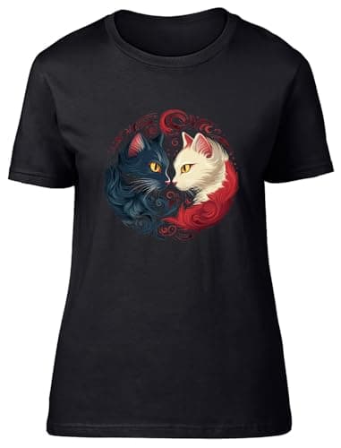 Image of Shopagift Yin Yang Chinese Cats Womens T-Shirt Kitten Lovers Pets Black & White Ladies Tee
