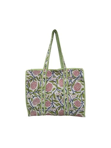 Image of INDIAN CRAFT CASTLE Women Handblock Print Quilted 100% Cotton Floral Large Shoulder Tote Bag with Pocket, Zipper for Work, Beach & Travel