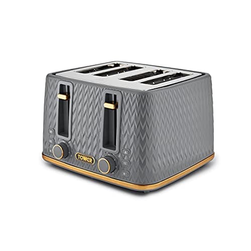 Image of Tower T20061GRY Empire 4-Slice Toaster with Defrost/Reheat, Removable Crumb Trays, 1600W, Grey and Brass