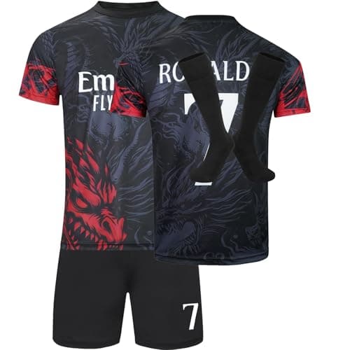Image of RAWDEM Ronaldo #7 Dragon Special Limited Edition Football Soccer Jersey/Shorts Socks Gift Set for Children Youth Sizes (Black, 24)