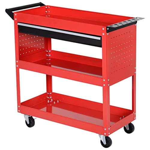 Image of DURHAND 3-Tier Tool Trolley Cart Storage Shelf Roller Cabinet DIY Box Garage Workshop with Drawer Red