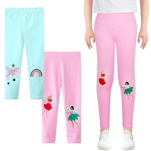 Image of JinBei Girls Leggings 2-Pack Toddler Cotton Long Trousers Elasticated Breathable Sports Leggings with Cute Embroidery Animal Pattern Kids Pants Activewear, 2-3 Years,Pink and Dark Blue