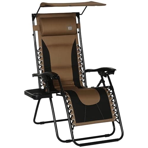 Image of Outsunny Zero Gravity Lounger Chair, Folding Reclining Patio Chair with Shade Cover, Padded Seat, Cup Holder, Soft Cushion and Headrest for Poolside, Camping, Coffee