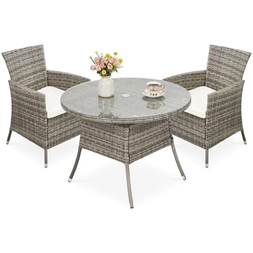 Image of Warmiehomy Rattan Garden Table and Chairs Set 3 Pieces Garden Dining Set 100cm Round Patio Table with Parasol Hole Wicker Chair with Seat Cushions Tempered Glass Tabletop and 2 Seater Armchairs, Grey