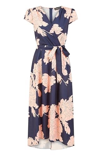 Image of Yumi Navy Blossom Print Wrap Midi with Dipped Hem (Navy, 16)