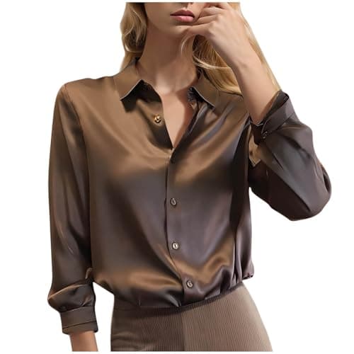 Image of Women's Long Sleeve Shirts Satin Silk Like Lightweight Collared Neck Tops Business Casual Slim-Fit Button-Down Shirt Ladies Longline Blouses Office Work Everyday Daily Wear Coffee