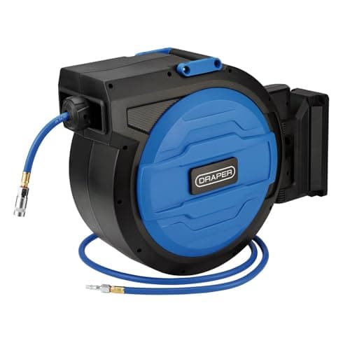 Image of Draper Retractable Air Hose Reel 20m - Auto Rewind with Hose Guide, Free Stop Any Length, 180° Swivel Wall Mount, Heavy-Duty Hybrid Air Hose
