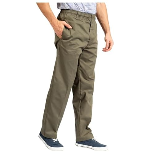 Image of Mens Rugby Trousers Elasticated & Adjustable Waist Pant – Smart Workwear Bottom with Drawstring, Button and Zip Fly- Relaxed Fit, Straight Leg Casual & Formal Trouser – (Khaki 36W/29L)