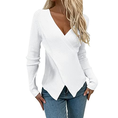 Image of Women's Sweatshirts Long Sleeve V Neck Jumpers Casual Cross Wrap Front Cable Knit Fashion Knitted Sweater Elegant Solid Color Pullover Tops Slim Fit Comfy Soft Sweaters for Going Out White