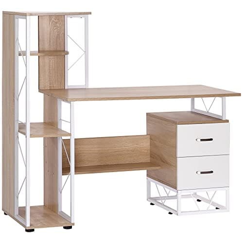 Image of HOMCOM Computer Desk with Drawers and Bookshelf, Writing Desk for Home Office with Storage Shelves, Study Workstation, Oak