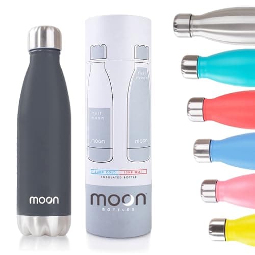 Image of Moon Bottles - Insulated Water Bottle that Lasts Forever - 18/8 Stainless Steel Vacuum Flask - Double Walled Drink Bottle - Thermal Metal Flasks, Leakproof, 24hrs Cold & 12 Hot (1L, Matte Black)