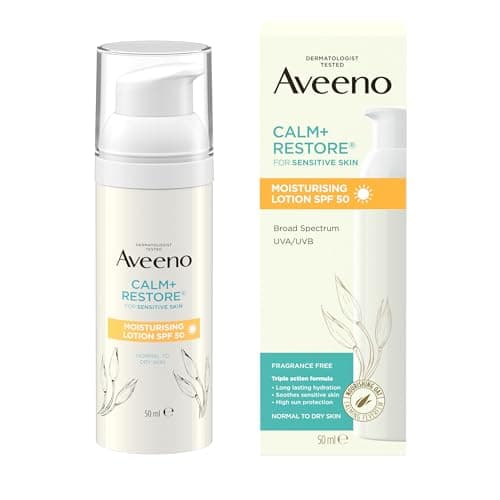 Image of Aveeno Face CALM+RESTORE Moisturising Lotion SPF 50, 50ml - Soothes Sensitive Skin with Deep Hydration and High Sun Protection for Daily Use