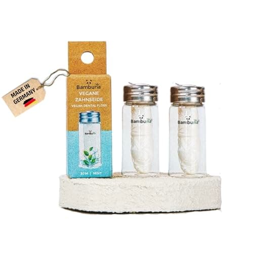 Image of Bambuna Dental Floss in Glass (Twin Pack) with Mint Flavour, 30 m, Dental Floss, Zero Waste, Vegan Made of Corn Starch, Plastic-Free, with Separating Lid