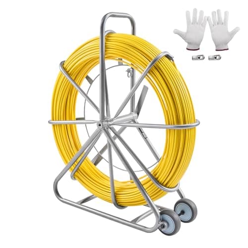 Image of VEVOR Fish Tape Fiberglass, 656 ft, 5/16 in, Duct Rodder Fishtape Wire Puller, Cable Running Rod with Steel Reel Stand, 3 Pulling Heads, Fishing Tools for Walls and Electrical Conduit, Non-Conductive
