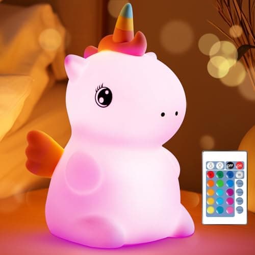 Image of Pipihome Unicorn Gifts for Girls, Night Light with 16 Colours, Dimmable Table Lamp, Remote+Touch Control Bedside Rechargeable Lamps, Cute Unicorn Toys Bedroom Accessories