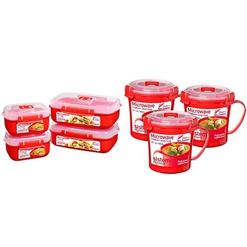 Image of Sistema Heat and Eat Microwave Set - 4 Rectangular Food Containers with Lids (2x 1.25L + 2x 525ml) & Microwave Soup Mugs - Steam Release Vents - 656 ml - Red - 3 Count