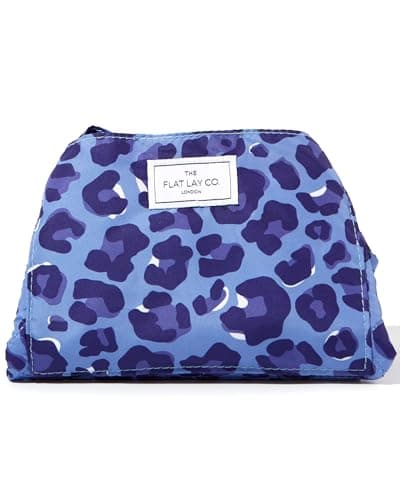Image of The Flat Lay Co. Makeup Bag - Blue Leopard Travel Make Up Organiser for Cosmetics, Eyeshadow, Make-Up Brushes, Lipstick & Tools - Drawstring Makeup Bag Storage with Brush Holder & Large Pockets