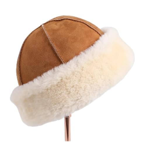 Image of WENH Unisex Sheepskin Leather Shearling Wool Beanie Hat, Winter Warm Thick Soft Fur Cap, Hand Stitched(Tan)