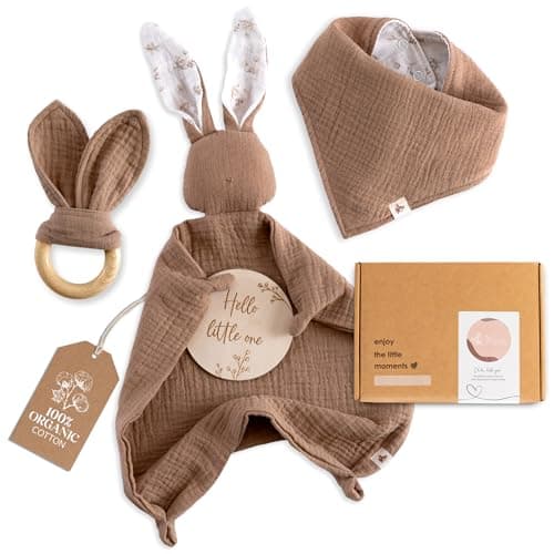 Image of Mikito Baby Gift Set – Organic Newborn Essentials | 4-Piece Keepsake Set | Muslin Comforter, Wooden Teether, Bib & Birth Announcement Sign | Ideal for New Baby & First Time Mums