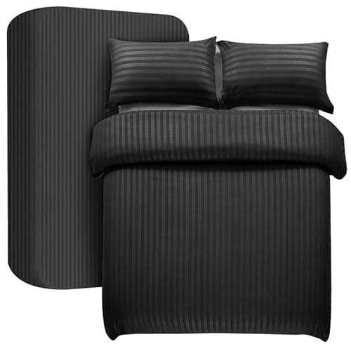 Image of My home store Single Duvet Cover Set 3 Pcs Satin Stripe Duvet Covers Soft Brushed Microfiber Bedding Set with Fitted Sheet 30 CM Deep & 1 Pillow Case (Black)