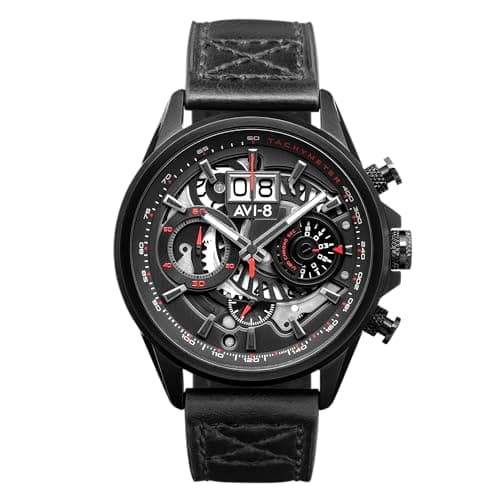Image of AVI-8 Mens 45mm Hawker Harrier Matador Chronograph Stealth Black Japanese Quartz Pilot Watch with Genuine Leather Strap AV-4065-05