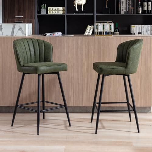 Image of Ya-Home Bar Stools Set of 2 Green PU Leather Counter Chairs with Metal Legs, Soft Padded Breakfast Height Stools for Kitchen Island/Bar, Green