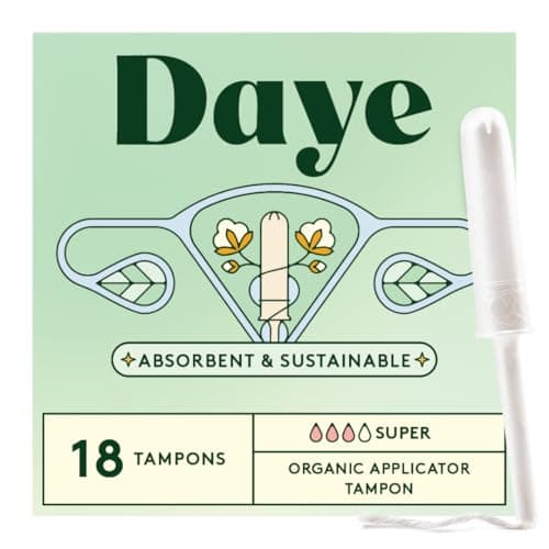 Image of Daye Organic Tampons Super | 18ct | Pesticide & Metal Tested, 100% Organic Cotton for Heavy Flow | No-Shed Sleeve, Sugarcane Applicator