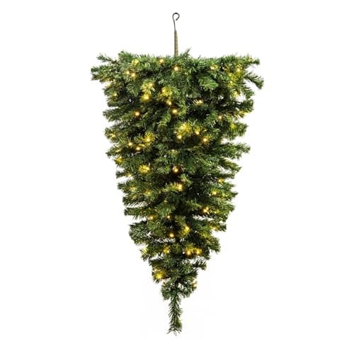 Image of Christmas Tree World | 4ft Artificial Pre-lit Hanging Upside Down Tree | Natural and Realistic Look with Bushy and Luxury Quality PVC Tips | Easy to Assemble and Take Down | 70cm Diameter