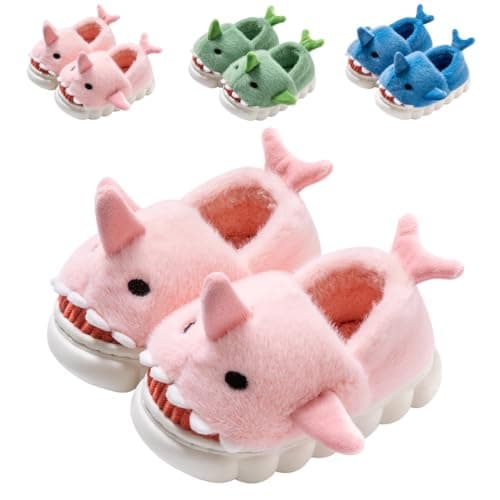 Image of DRECAGE Kids Shark Toddler Slippers Boys Girls Winter Plush Warm Anti-Slip Soft Children Cute Cartoon House Shoes Pink 9-10 UK Child 28-29 EU