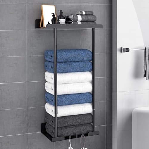 Image of Towel Rack, Towel Storage Self Adhesive, Towel Holder Wall Mounted, Adjustable Bathroom Towel Storage, Towel Rack Wall Mounted, Black Towel Rail Bathroom Towel Holder, No Drilling Bathroom Storage
