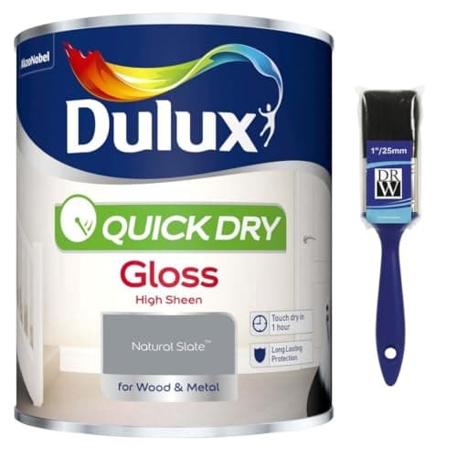Image of Natural Slate Quick Dry Gloss Paint 750ml+ 1" Paint Brush | Interior Wood and Metal Paint | High Shine Durable Finish | Fast Drying Trim Paint for Doors Skirting Boards Radiators and Furniture