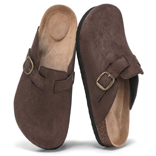Image of Polar Men’s Slip-On Clogs with Cork Footbed, Faux Suede Upper and Adjustable Strap, Comfortable Indoor Outdoor Casual Shoes - Brown 9 UK
