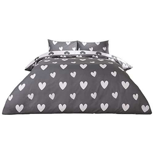 Image of Dreamscene Love Heart Charcoal Grey Printed Reversible Duvet Set with Pillowcase Easy Care Quilt Bedding Set, Charcoal - Double