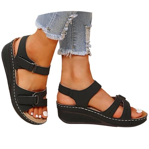 Image of Black Sandals For Women, Orthopedic Sandals for Women: Wide Fit Beach Sandal Washable Slingback Wedge Sandles with Arch Support Slide Platform Ladies Slip on Summer Shoes Walking Plus Size Black 7
