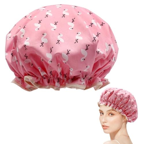 Image of Shower Cap for Women, Elastic Band Waterproof Plastic Shower Cap, Double Layers Reusable With Ruffled Edge Covering Ears for Long, Short and Curly Hair (Pink Bird)