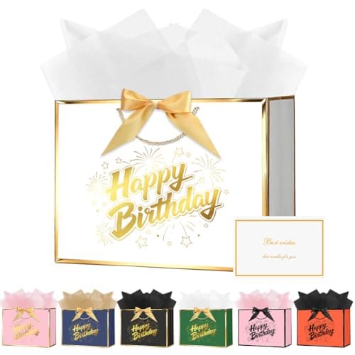 Image of OFFCUP Birthday Gift Bag, 28 * 20 * 10cm Happy Birthday Party Gifts Bag with Greeting Handles and 3 Wrappers and 1 Cards, Luxury Paper Bags with Handles for Girls Womens Birthdays Party