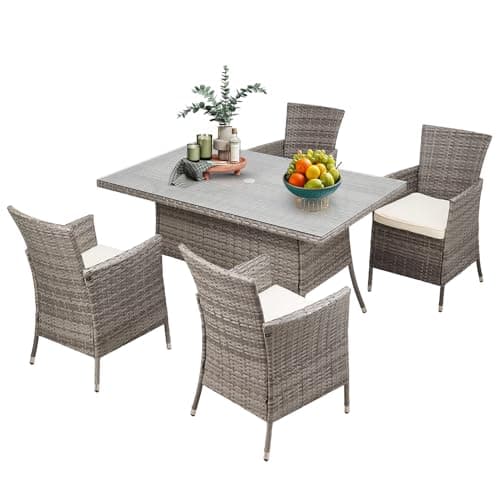 Image of Warmiehomy Rattan Garden Table and Chairs Set 5 Pieces Garden Dining Set 120x80cm Rectangular Patio Table with Parasol Hole Tempered Glass Top and 4 Seater Wicker Armchairs with Seat Cushions, Grey