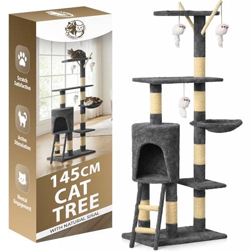 Image of Rex & Roxy Cat Tree, 145cm Cat Scratching Post Multi-Level Stable Climbing Tower with Ladder, Indoor Pet Activity Furniture Play House for Kitty Kitten