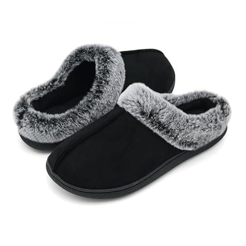 Image of Boonble Ladies Memory Foam Slippers Fluffy Fluffy Plush Indoor Outdoor Bedroom Cute Comfortable Microsuede, black, 4.5 UK