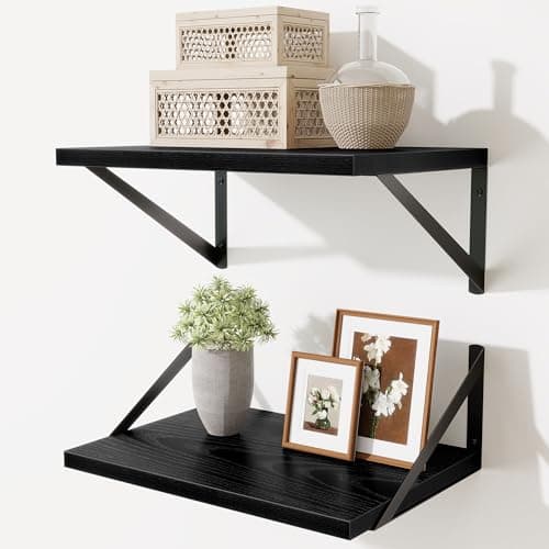 Image of Acovy 25cm Deep Floating Shelves,40cm Floating Shelves for Wall Set of 2,Heavy Duty Wood Floating Shelf with Metal Bracket,Wall Mounted Hanging Shelf for Living Room Bedroom Bathroom Kitchen,Black