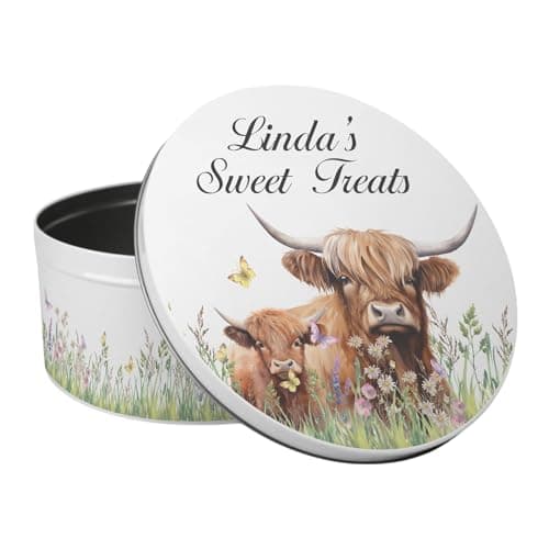 Image of Purely Home Personalised Highland Cow & Calf Large Cake Tin - Countryside Farm Homeware Gifts Round Metal Storage Container for Baking 23 x 10cm