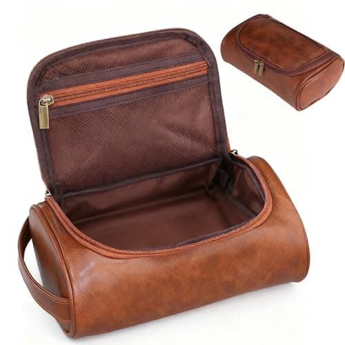 Image of Leather Toiletry Bag Mens Wash Bag with 3 Compartments - Travel Toiletry Bag for Gym & Shaving, Small Washbag for Men, Perfect Travel Gifts for Men