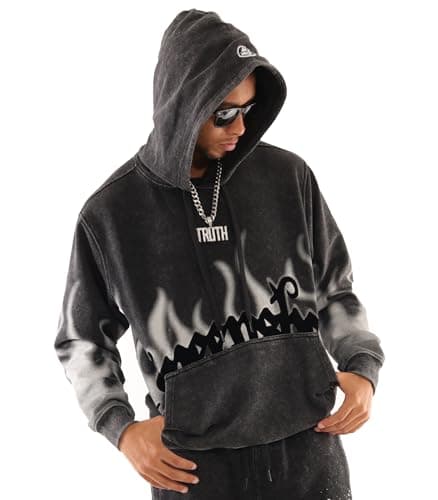 Image of SCREENSHOT-H11523 Mens Urban Hip Hop Premium Streetwear Oversize Fit Fleece Hoodie - Vintage Washed Gradation Burning Fire Flame Print Pullover Sweatshirt-Washed/Black-Medium