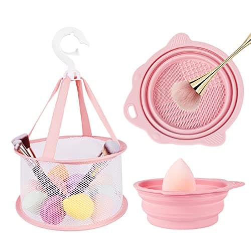 Image of AUAUY Makeup Brush Cleaning Mat & Hanging Drying Net, Foldable Makeup Brush Cleaner, Silicone Brush Cleaning Bowl With Mesh Drying Rack Basket to Dry Makeup Sponge, Powder Puff, Brush(Pink)